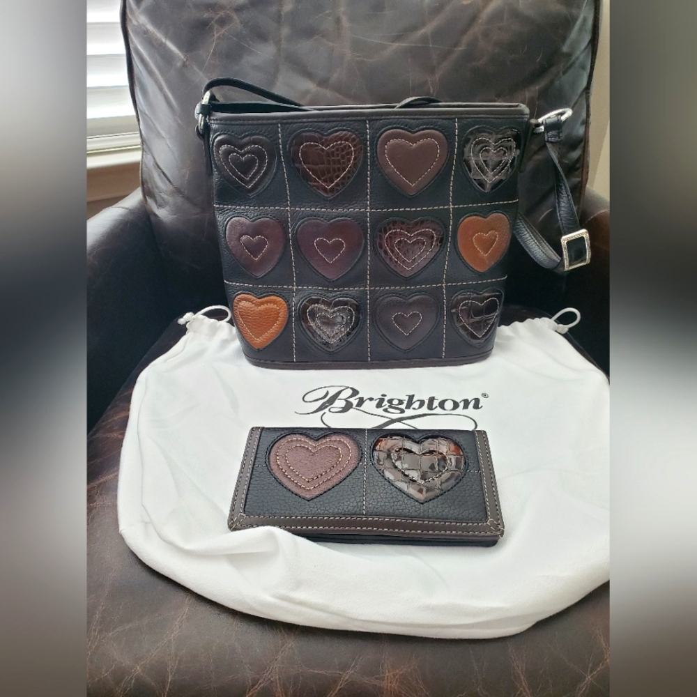 Brighton Valentine black/chocolate leather bucket bag and matching wallet